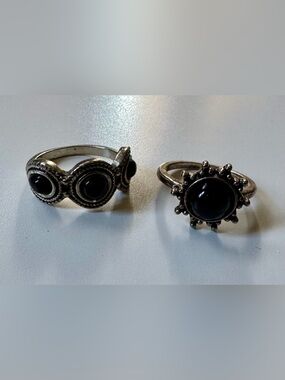 Sterling-Style Black Stone Sunburst and Double Oval Rings - Set of 2